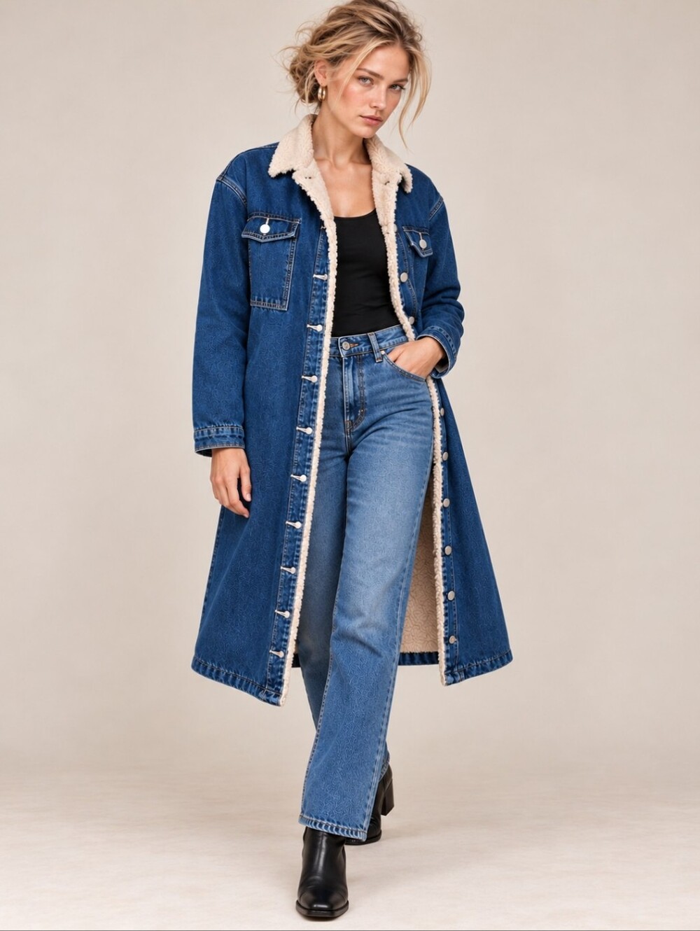 Denim Sherpa-Lined Long Coat | Fall Winter Outerwear NWOT